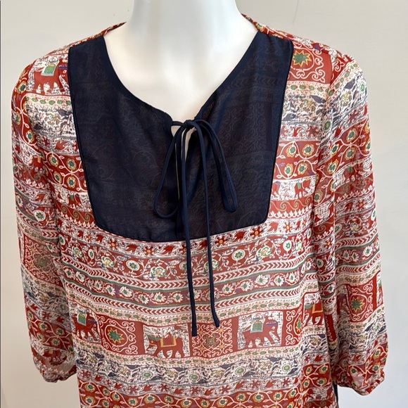 Poema Medium Sheer Navy and Red Elephant Patterned Blouse - Picture 2 of 10